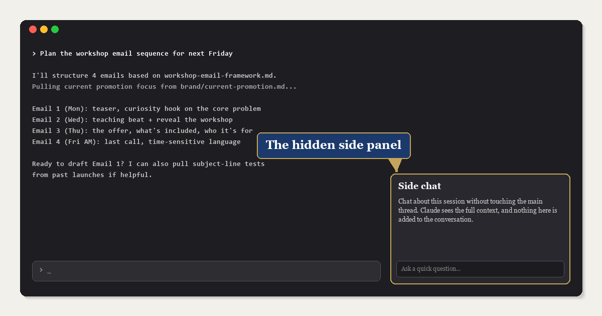 The Side chat panel open in Claude Code
