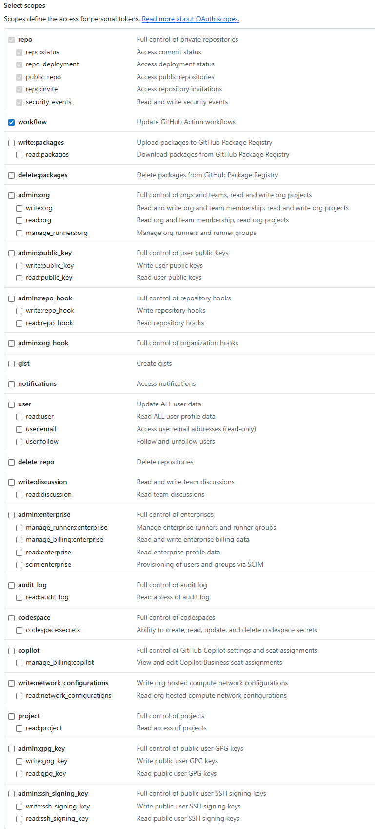 GitHub Personal Access Token scopes page showing repo and workflow checkboxes selected