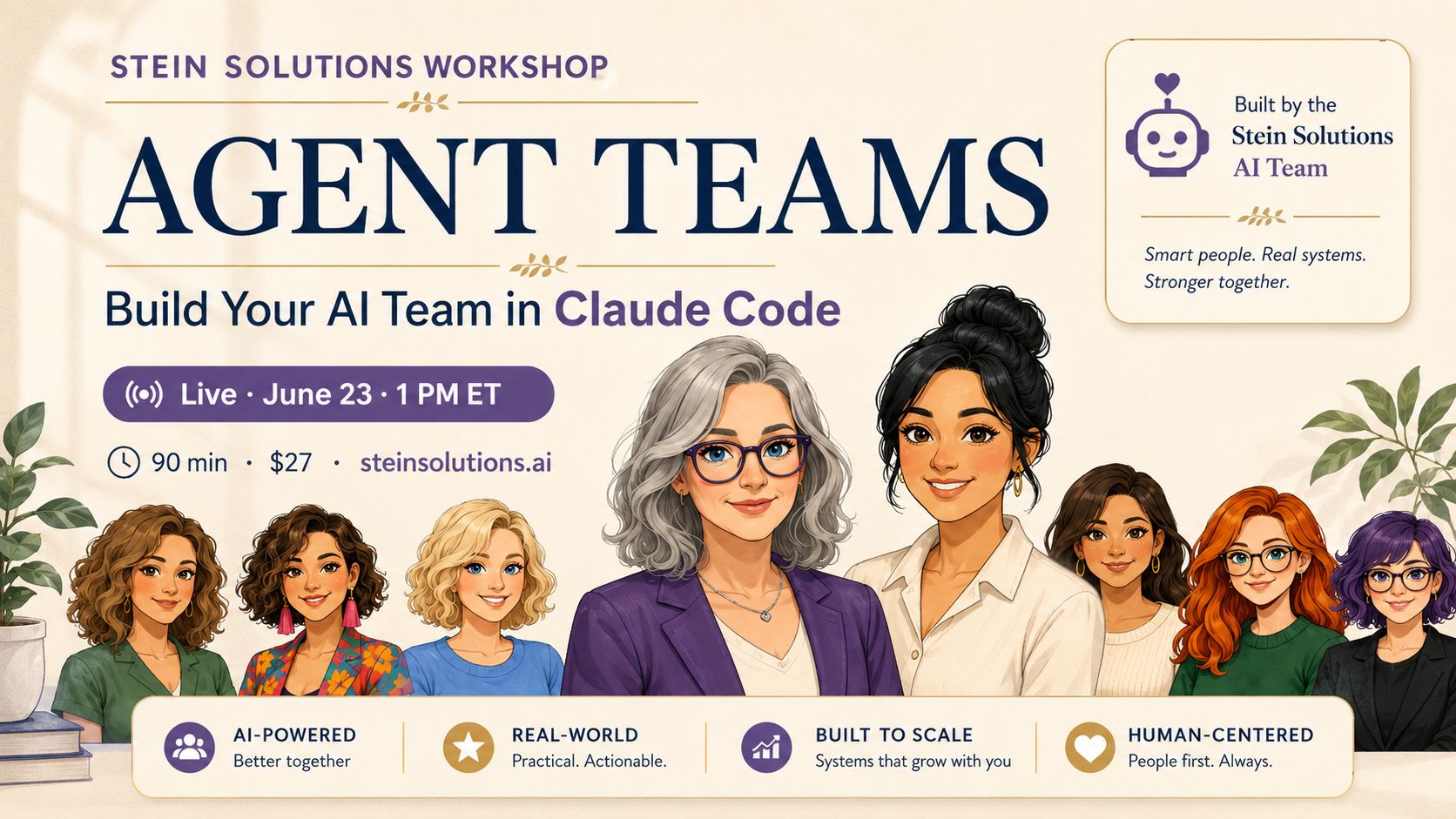 Agent Teams workshop — build your AI team in Claude Code. Illustrated characters representing Janet, Cora, Claire, Tessa, Amy, Grace, Mona, Wendy, Alex, Violet, and Eva.