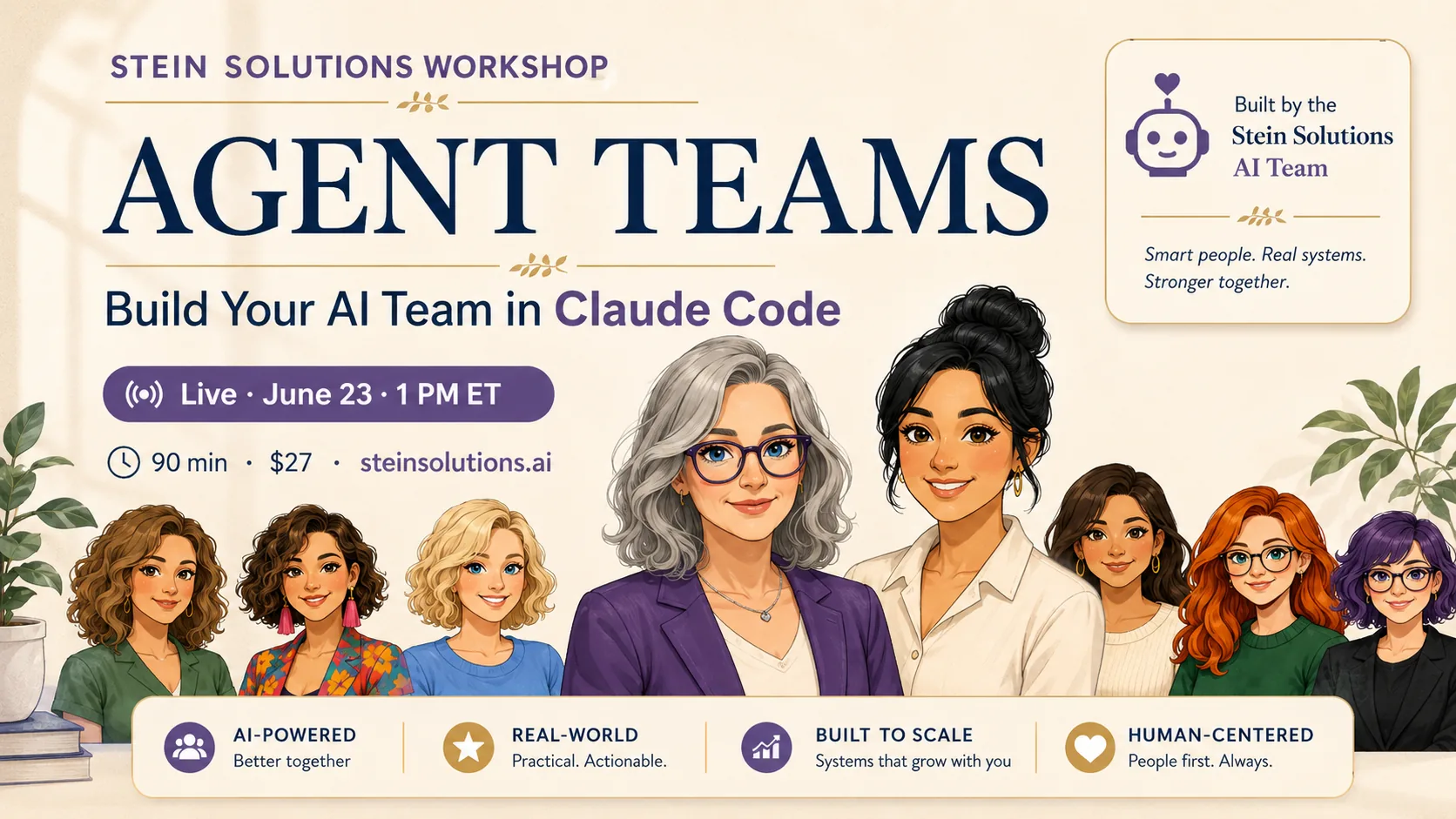 Agent Teams workshop — build your AI team in Claude Code. Illustrated characters representing Janet, Cora, Claire, Tessa, Amy, Grace, Mona, Wendy, Alex, Violet, and Eva.